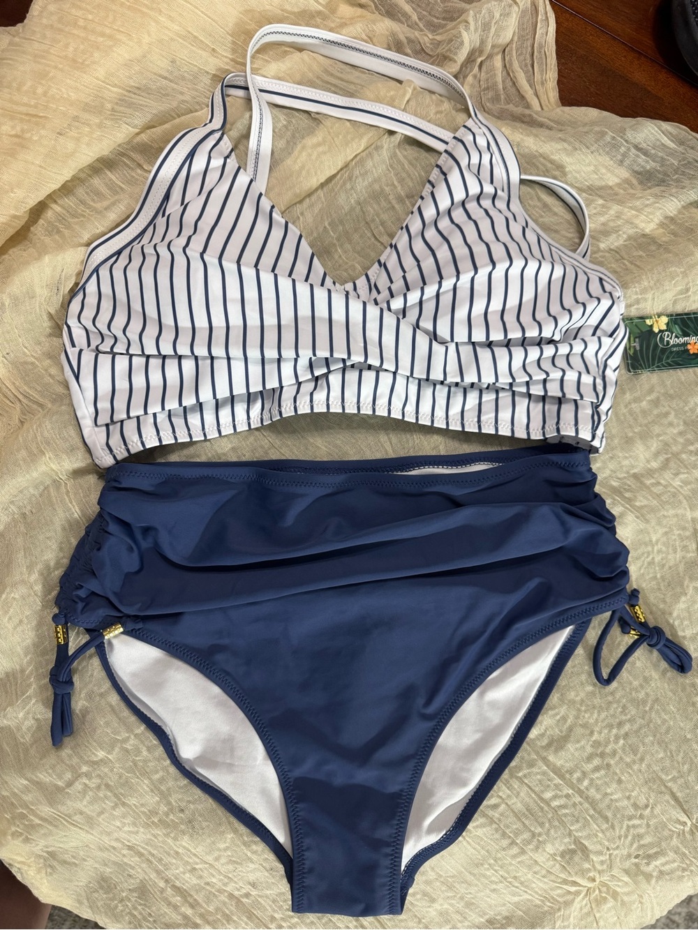 Striped White & Navy Two-Piece Swim Bikini